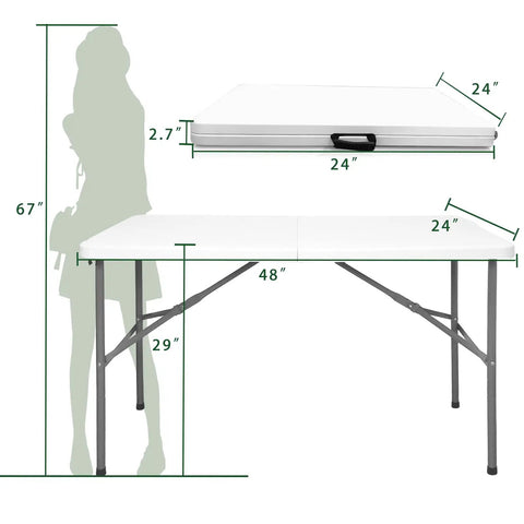 Heavy Duty 4 Foot Folding Table For Indoor Outdoor Use With Handle Portable Square Dining Card Table Waterproof Durable Plastic Top 330 Lb Weight Capacity Ideal For Picnics Parties Camping And More, dimensions shown with table and folded version.