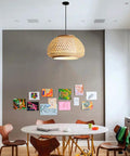 Dining room with Handmade Flush Mount Ceiling Light With Retro Bamboo Dome Shade, Woven Hanging Lamp For Dining Room Or Restaurant