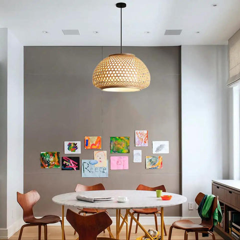 Dining room with Handmade Flush Mount Ceiling Light With Retro Bamboo Dome Shade, Woven Hanging Lamp For Dining Room Or Restaurant