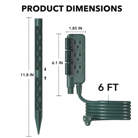 Outdoor Power Stake With 6 Foot Green Extension Cord, IP44 Waterproof, 3 Grounded Outlets With Protective Covers, dimensions shown