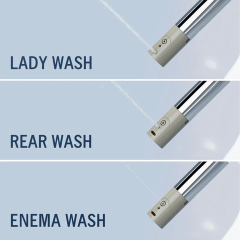 Round Bidet Toilet Seat With Wireless Remote showing spray nozzles for Lady Wash, Rear Wash, and Enema Wash features.