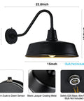 Gooseneck Barn Lights Outdoor Fixture 15 Inch Farmhouse Style Black Exterior Sconce Wall Light For Front Door Porch Garage With Dusk To Dawn Sensor And Weatherproof Design, detailed view with dimensions and dusk sensor