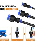 Push To Connect Reducer Fittings Kit showing easy hose insertion and extraction process with blue and black fittings.