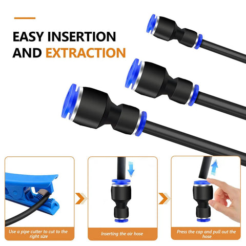 Push To Connect Reducer Fittings Kit showing easy hose insertion and extraction process with blue and black fittings.