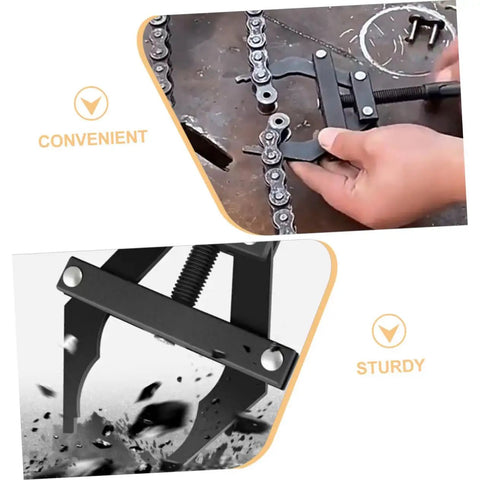 Heavy Duty Motorcycle Chain Tensioner Tool Slick Gear Adjuster being used on a motorcycle chain, showing sturdy steel construction.