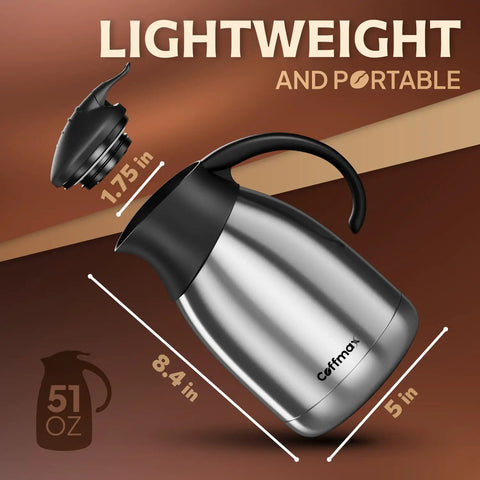 Thermal Insulated Coffee Carafe Pitcher 51 Oz Vacuum Double Walled Stainless Steel Thermos Keeps Your Coffee Tea Cocoa Water Hot