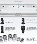 Offset Extension Wrench And Low Profile Socket Set For Hard To Reach Fasteners Pro Grade Lightweight Aluminum Extension Bar Eight To Seventeen Millimeter Sockets And One Half One Quarter And Three Eighths Inch Square Drive Adapters with sizes and components laid out