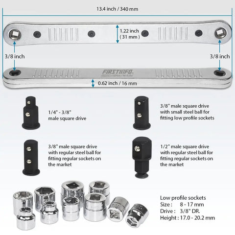 Offset Extension Wrench And Low Profile Socket Set For Hard To Reach Fasteners Pro Grade Lightweight Aluminum Extension Bar Eight To Seventeen Millimeter Sockets And One Half One Quarter And Three Eighths Inch Square Drive Adapters with sizes and components laid out