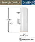 Two Light Outdoor Wall Lantern With Tempered Glass And White Finish, dimensions shown with UL safety standards label