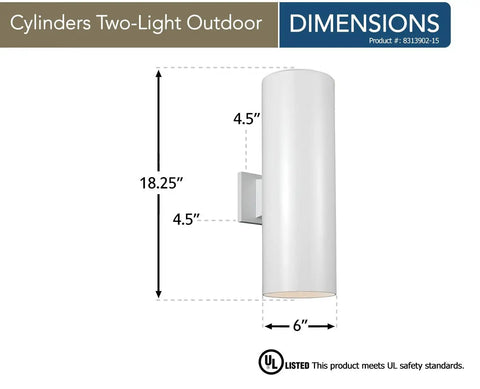 Two Light Outdoor Wall Lantern With Tempered Glass And White Finish, dimensions shown with UL safety standards label