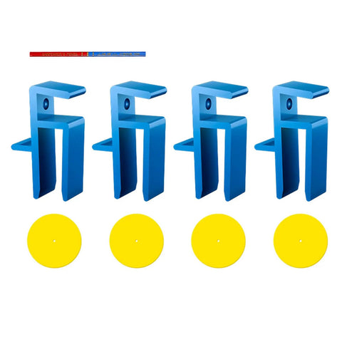 Pro Grade Woodworking Jigs Set Scribing Fillers Toe Kick Markers Ceiling Scribe Tools For Seamless Cabinet Installations Gap Free Finish Quick Draw Easy Setup No Sweat Four Pack featuring four blue jigs and yellow marking discs.