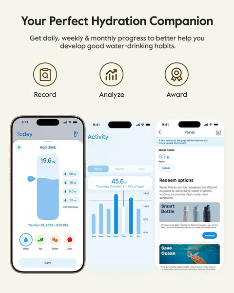32 Oz Smart Water Bottle Hydration Tracker With Gentle Drink Alarms And Heavy Duty Insulation Keeps Drinks Bone Cold For Hours Ideal For The Daily Grind And Health Hustles To Help You Lock In Your Sips And Chase Wellness Wins Effortlessly app screen showing drink tracking and progress graph.