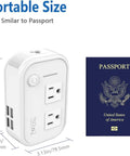 Voltage Converter 220V to 110V Travel Step Down with USB ports shown next to a passport for size comparison, highlighting compact design.