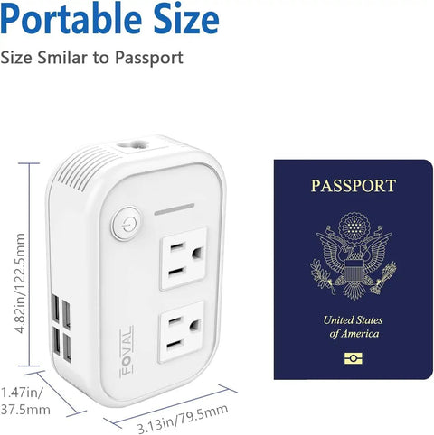 Voltage Converter 220V to 110V Travel Step Down with USB ports shown next to a passport for size comparison, highlighting compact design.