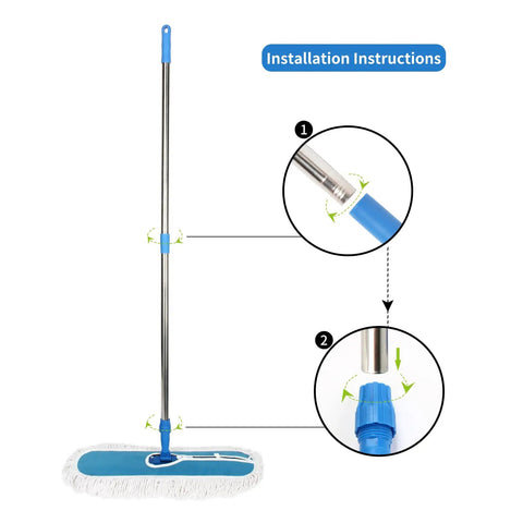 Installation instructions for Heavy Duty 24 Inch Commercial Dust Mop With Long Swivel Handle for Wet And Dry Cleaning.