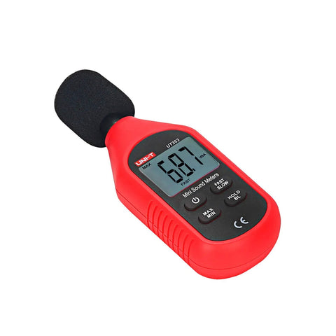UT353 Decibel Meter Portable Digital Sound Level Meter 30 To 130 dB With Max Min Fast Slow Data Hold LCD Backlit Auto Power Off Lightweight Ergonomic Design For On The Go, red handheld sound meter with foam microphone