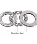 Front view of chrome steel thrust ball bearing set with inner and outer rings and ball cage, 20 mm x 35 mm x 10 mm.