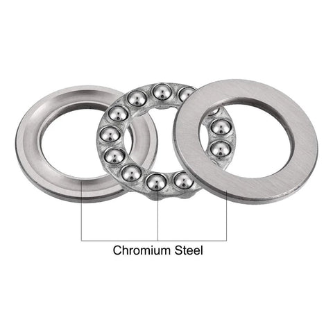 Front view of chrome steel thrust ball bearing set with inner and outer rings and ball cage, 20 mm x 35 mm x 10 mm.