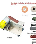 Mini Electric Belt Sander Machine With Variable Speed Control And Grinding Wheel For Precision Sanding Polishing Of Wood Acrylic And Metal Desktop Compact Power Tool For Fine Detail Work And Crafting Projects, showing parts and accessories.