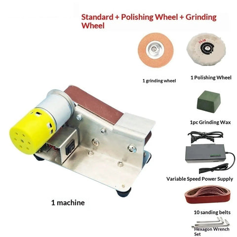 Mini Electric Belt Sander Machine With Variable Speed Control And Grinding Wheel For Precision Sanding Polishing Of Wood Acrylic And Metal Desktop Compact Power Tool For Fine Detail Work And Crafting Projects, showing parts and accessories.