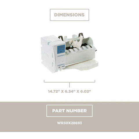 Refrigerator Ice Maker Replacement Part WR30X28693 with ice mold and control device, dimensions 14.72" x 6.34" x 6.02" visible