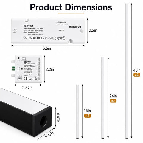 DEIGCYU LED Recessed Lighting Kit, 6 Pack Black Self-Adhesive Light Bars product dimensions diagram with sizes and components.