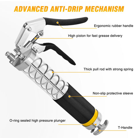 Heavy Duty Pistol Grip Grease Gun Kit With 18 Inch Flexible Hose Quick Release Coupler 8000 PSI Pressure 14 Oz Capacity