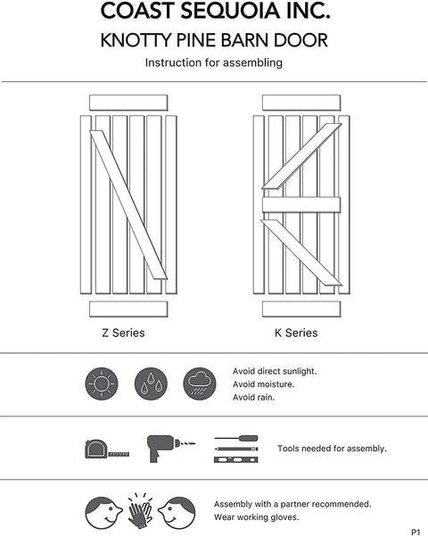 Diagram showing assembly instructions for Knotty Pine Wood Sliding Barn Door Kit 36x84 Dark Walnut DIY Unassembled Panels.