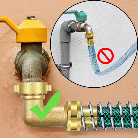 Brass 3/4 Inch GHT 90 Degree Elbow Garden Hose Connector Kit With Male And Female Adapters, Rust-Resistant, Leak-Proof, No Fuss, Includes 5.5 Inch Coil Spring Connector, Rubber Washer, Stainless Steel Spiral Ring For Quick, Easy Watering, brass elbow on wall spigot with hose attached