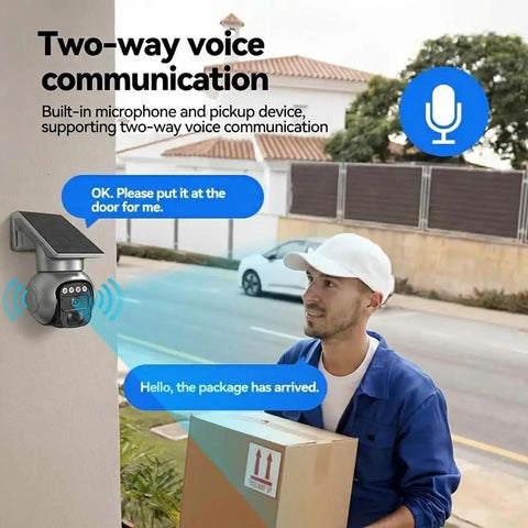 Weatherproof Security Rig Ships With Built In Sim Card For Easy 4G LTE Access And Draws Solar Power To Skip Wi Fi Setup While Surviving IP Sixty Five Rain Damage Plus Quick 360 Degree Pan Tilt View And Clear Two Way Talking showing live two-way communication between the camera and delivery person.