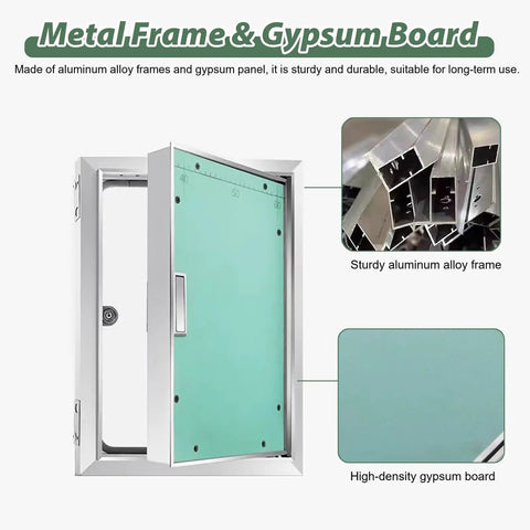 No Sweat Install Aluminum Frame Drywall Access Door Hidden Plumbing Inspection Hatch Paintable Ceiling Service Panel 32X38 Inch with metal frame and gypsum board.