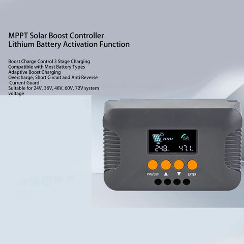 Heavy Duty Boost Mppt Solar Controller 10 Amp 24 Volt 72 Volt display with buttons for solar management and battery activation.