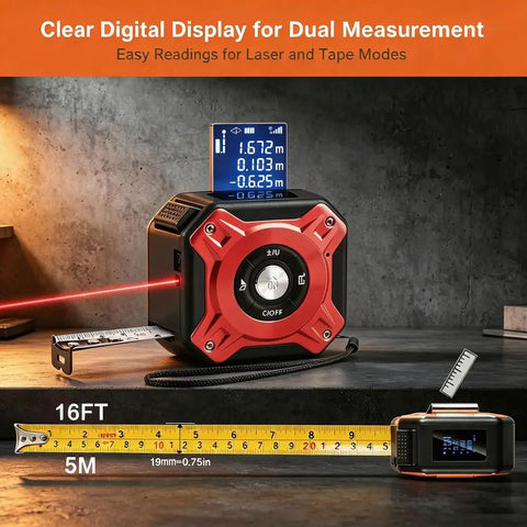 Laser Tape Measure 2-in-1,131ft/40m Laser Distance Meter&16ft/5m Tape Measure with clear digital display and laser beam.