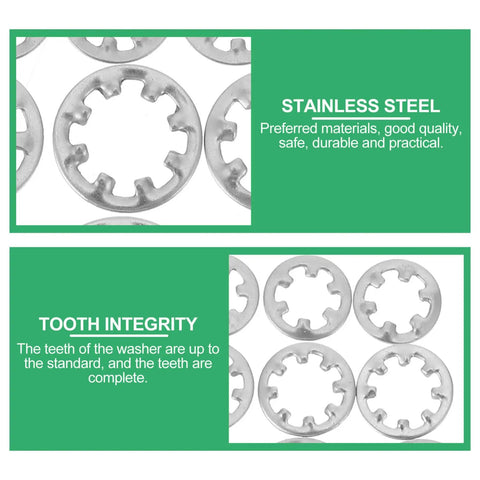 Close-up of stainless steel internal tooth lock washers set with star shape, highlighting durability and tooth integrity.
