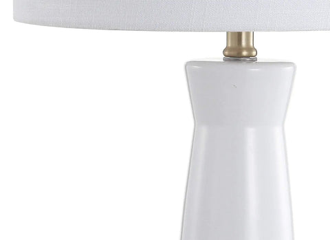 White And Brass Modern Ceramic Column Table Lamp With Gold Base, Sleek Bedside Light featuring a white linen shade and ceramic column.