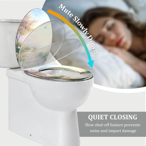 Resin Toilet Seat Elongated for Bathroom with quiet closing feature, floral design, fitting standard toilets.