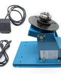 3 Jaw Rotary Welding Positioner Turntable With 2.5 Inch Mini Lathe Chuck 110V Plug And Play Setup For Steel Pipe Flanges, blue base and controls.