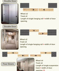 Diagram showing Double Track Sliding Barn Door Hardware Kit for two doors with adjustable lengths, stainless steel pulleys, and nylon wheels.