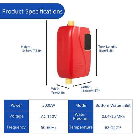 Plug And Play Under Sink Tankless Water Heater 3000W 110V Instant Hot Water Unit with specs and dimensions against a blue background.