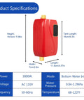 On Demand 110V Tankless Water Heater Electric Wall Mount compact red unit with dimensions for kitchen and bathroom use.