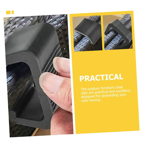Close-up of black outdoor furniture clip for rattan sofas and wicker chairs, easy install fastener securing sectional seating.