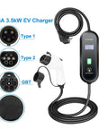 Heavy Duty Portable Ev Charger With Sae J1772 Plug Delivers Sixteen Amp Power For Electric Vehicles Includes Rugged Five Meter Cable And Ip67 Weather Sealed Housing For No Hassle Charging Wherever You Drive showing different plug types and led screen.
