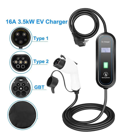 Heavy Duty Portable Ev Charger With Sae J1772 Plug Delivers Sixteen Amp Power For Electric Vehicles Includes Rugged Five Meter Cable And Ip67 Weather Sealed Housing For No Hassle Charging Wherever You Drive showing different plug types and led screen.
