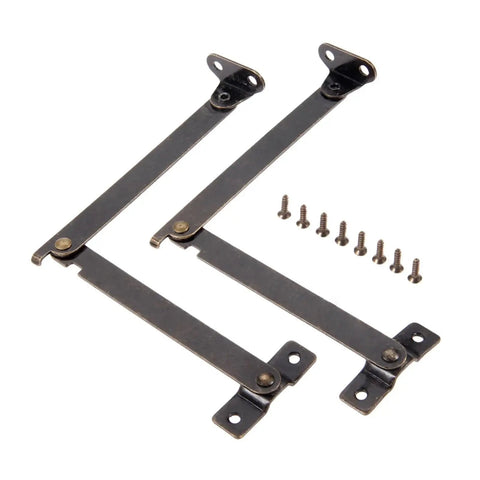 Antique Style Cabinet Hinges Set, 2 Pieces, Rustic Finish, 108x11mm with screws visible, for Jewelry Boxes and Wood Chests.