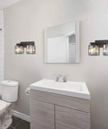 Tiffany Style 2 Light Wall Sconce With Hand Made Stained Glass Shade in modern bathroom, above white sink and mirror