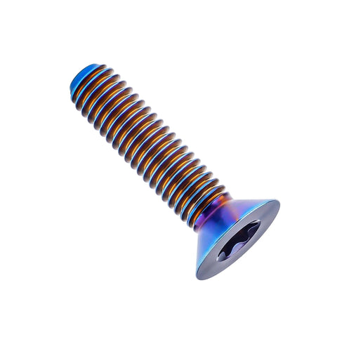 Torx countersunk bolt in burnt blue titanium finish, M6x25mm, side view