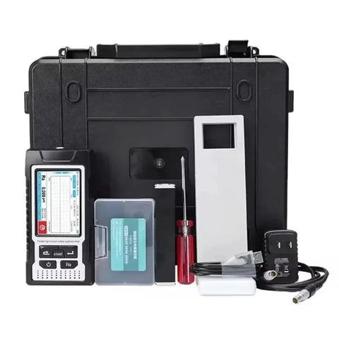 Portable Digital Roughness Tester Dead Nuts Precise Surface Measurement Tool with accessories in black carrying case.