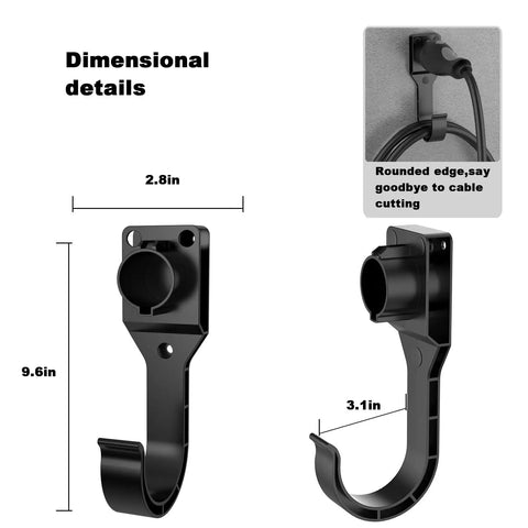 Sturdy Wall Mount EV Charger Holder For SAE J1772 Cables With Locking Hook And Snug Dust Covers, dimensions 9.6in x 2.8in x 3.1in