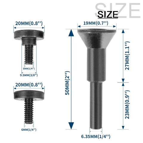 4 Pack Grinding Wheel Adapter Mandrels showing sizes: 20mm and 19mm, designed for 1/4 inch and 3/8 inch threads, built tough.