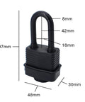 Front view of Outdoor Waterproof Padlocks Keyed Alike Pack Of 6, Heavy Duty Laminated Steel Locks with black plastic cover and measurements